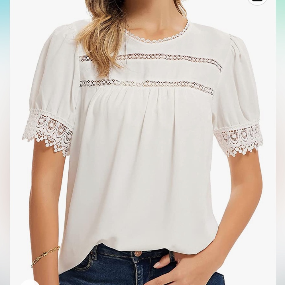 White Lace Crochet Tops Cute Crew Neck Puff Short Sleeve Blouse Shirt